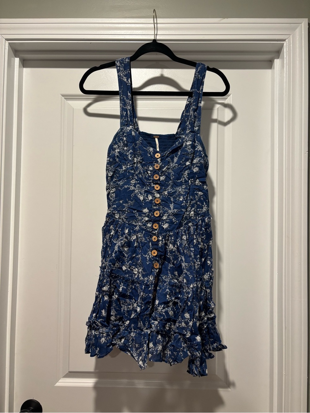Free People Dress Small Blue Floral Boho Button Front Mini Smocked Ruffle Hem